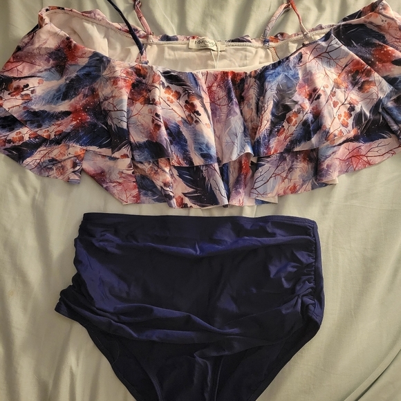 Marinavida 2pc Swimsuit Bikini High Waist Off Shoulder Sz L - Picture 2 of 5